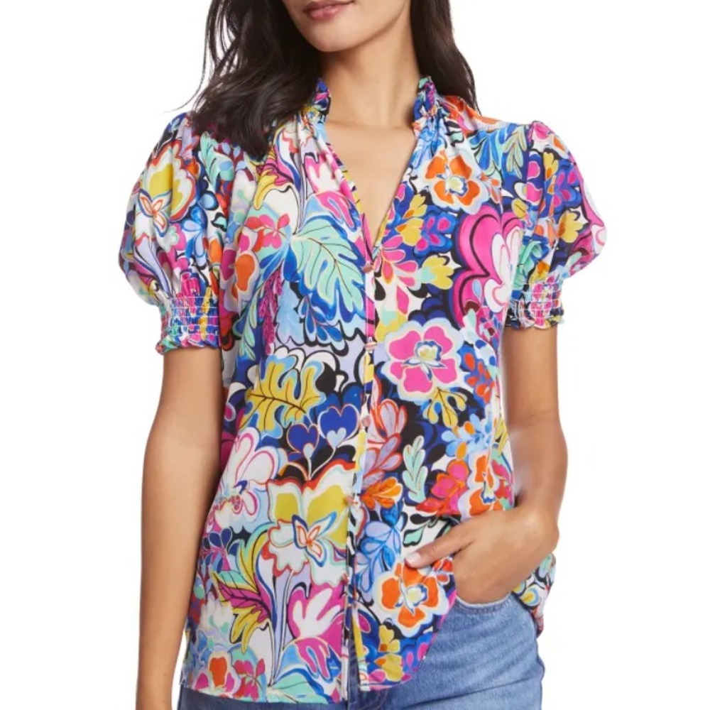 Robert Graham Mila Floral Short-Sleeve Blouse Multicolor Button Down Peasant L